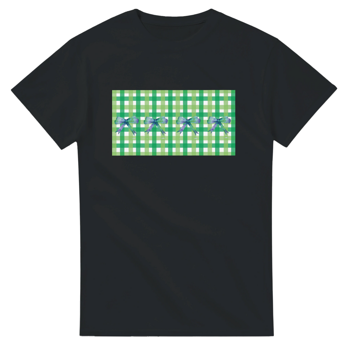 Black women's t-shirt featuring a green gingham panel with blue bows on the chest, Coquette-inspired tee.