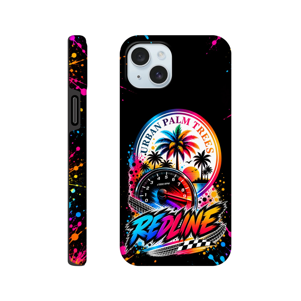 Redline Petrolhead iPhone case with Urban Palm Trees speedometer graphic, colorful paint splatters, and wraparound modified car culture design.