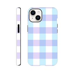 Pastel blue and lavender gingham tough iPhone case with cute checkered pattern and shock-absorbing protection for streetwear style.