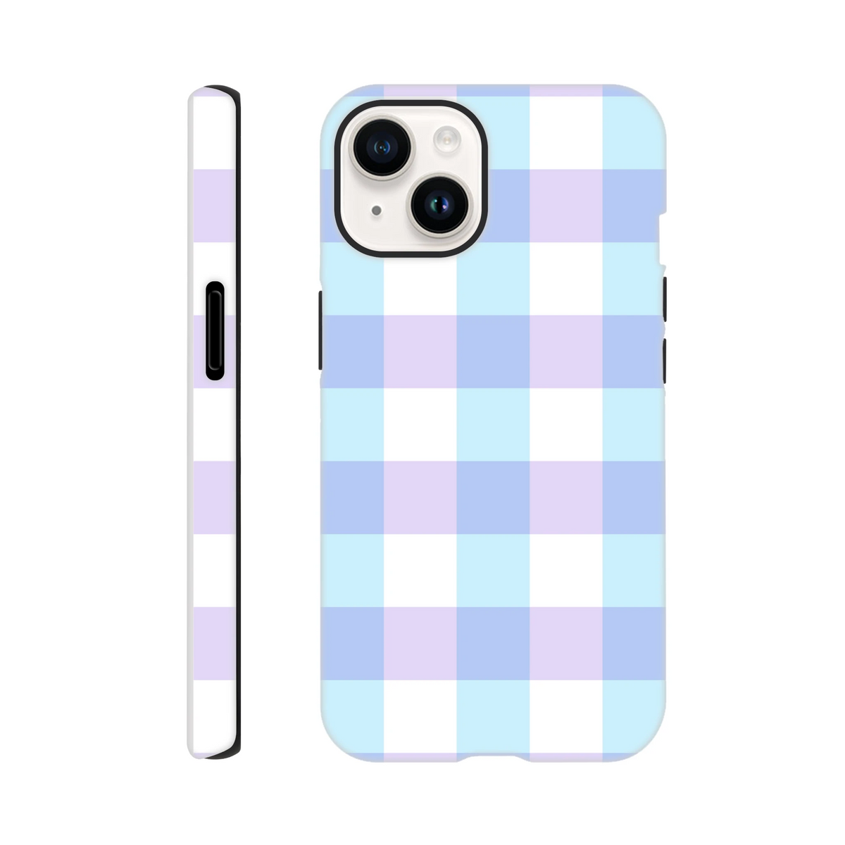 Pastel blue and lavender gingham tough iPhone case with cute checkered pattern and shock-absorbing protection for streetwear style.