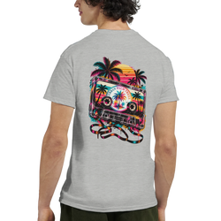 Retro cassette tape back print t-shirt featuring vintage palm trees and sunset graphic design for men.