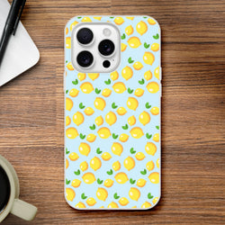 Blue lemon-pattern iPhone case for 13-16, sunny citrus design with yellow lemons.