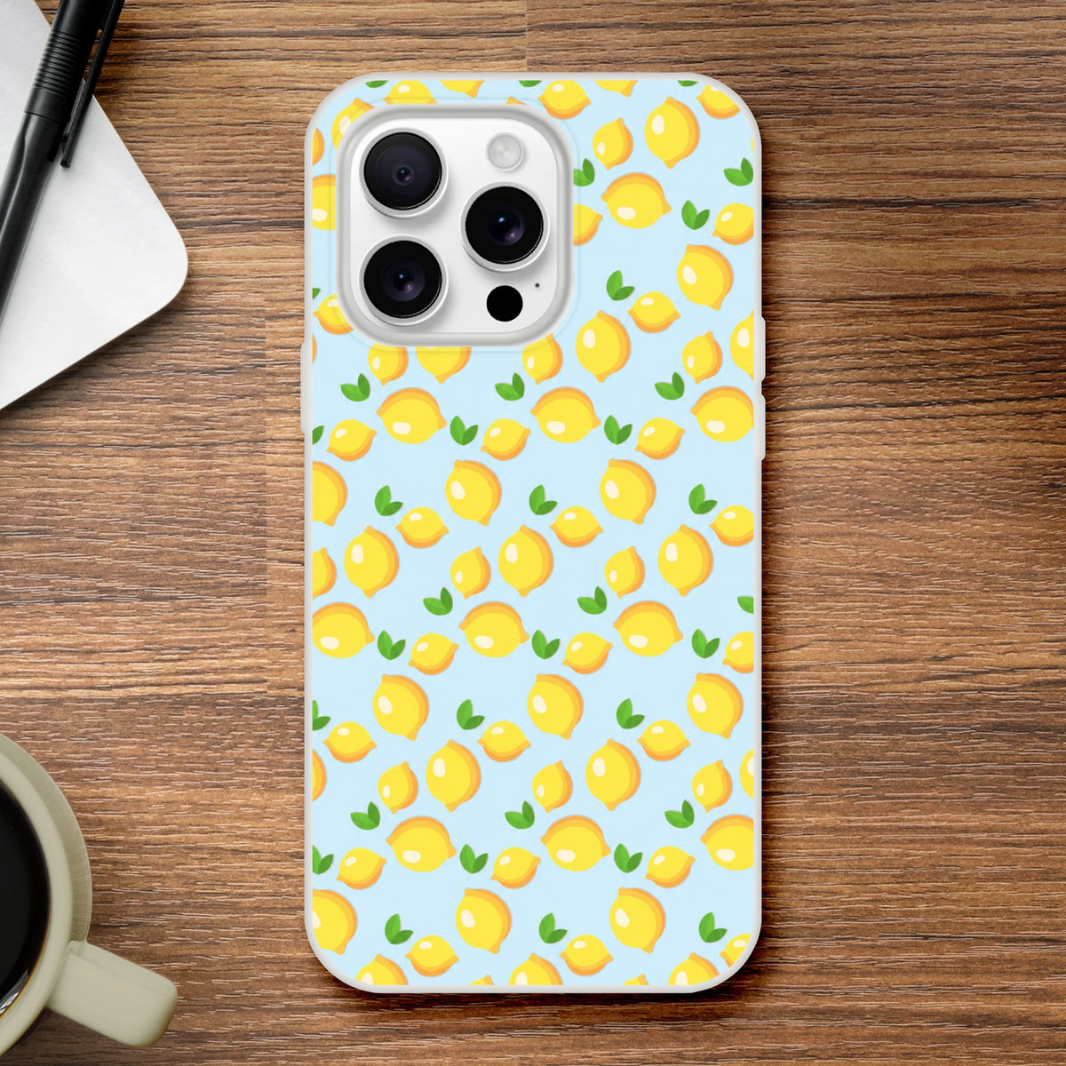 Blue lemon-pattern iPhone case for 13-16, sunny citrus design with yellow lemons.