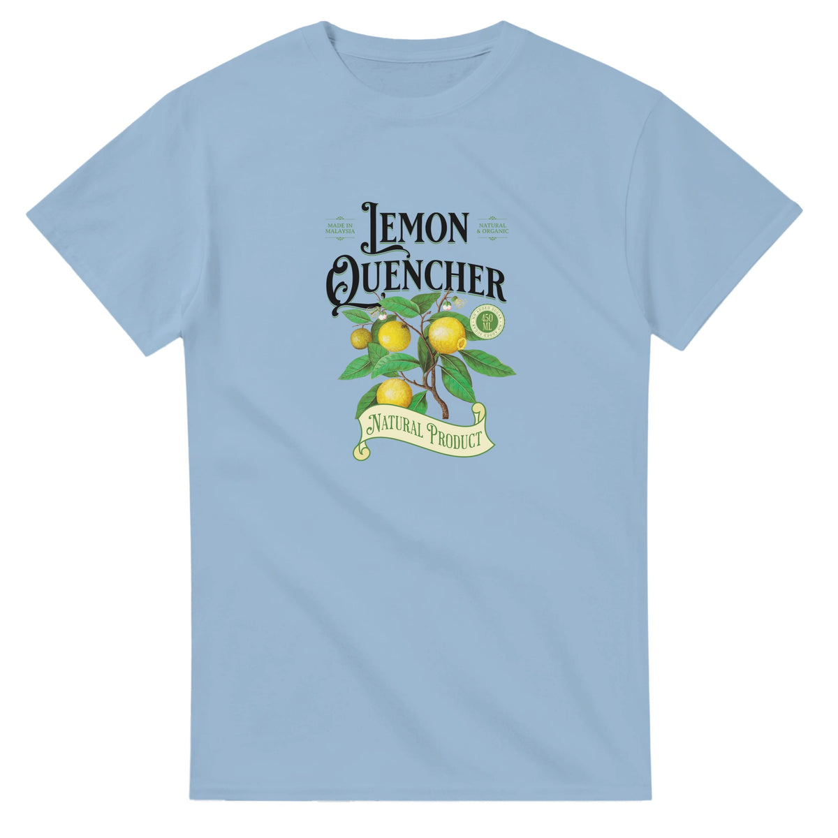 Lemons graphic tee with a lemon tree illustration and a Natural Product banner on a light blue cotton blend shirt.