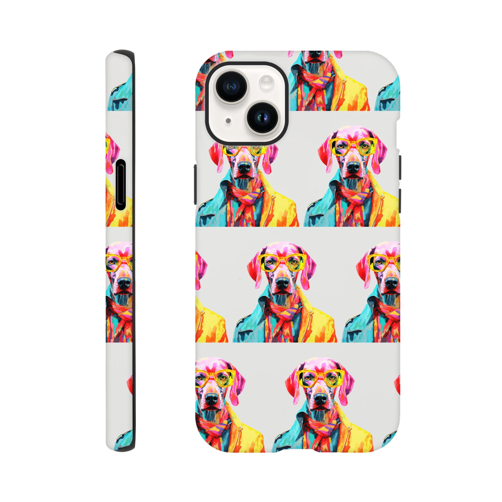 Colorful dog-print double-layer tough phone case with wraparound print for iPhone 16/15/14/13