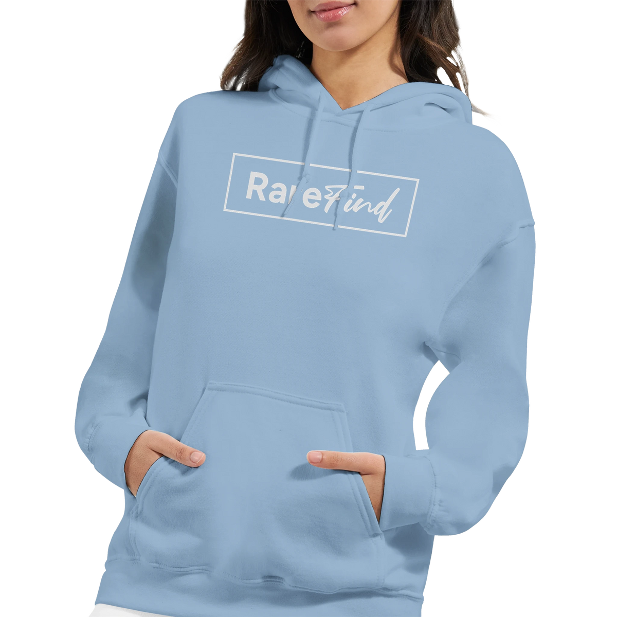 Light blue women's hoodie with Rare Find logo, front pouch pocket and double-lined hood.