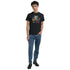 Male model wearing black Cat DJ graphic tee with a colorful cat DJ design and jeans.