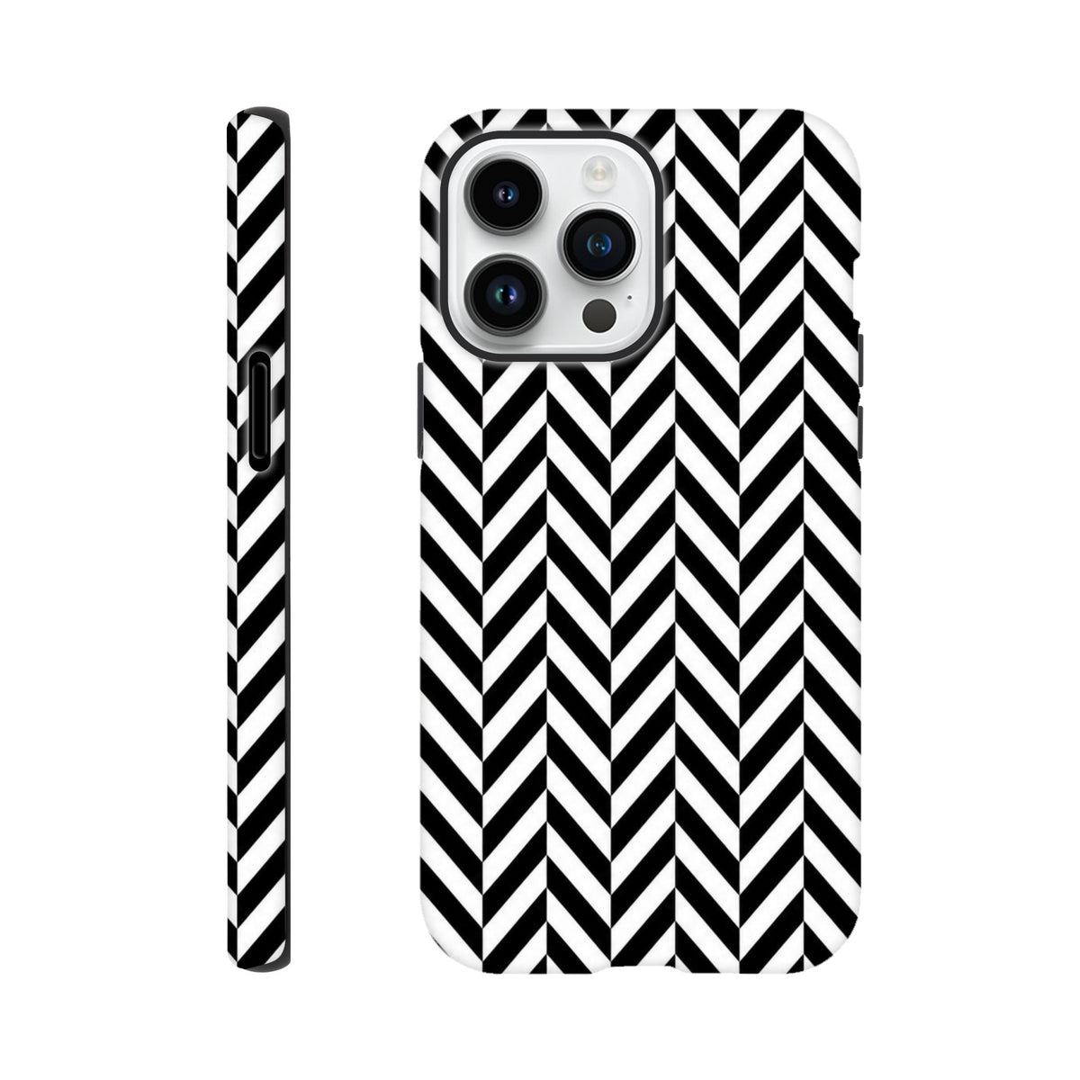 Black and white herringbone geometric iPhone case with tough dual-layer protection, shock-absorbing TPU, and exact cutouts for models 13-16.
