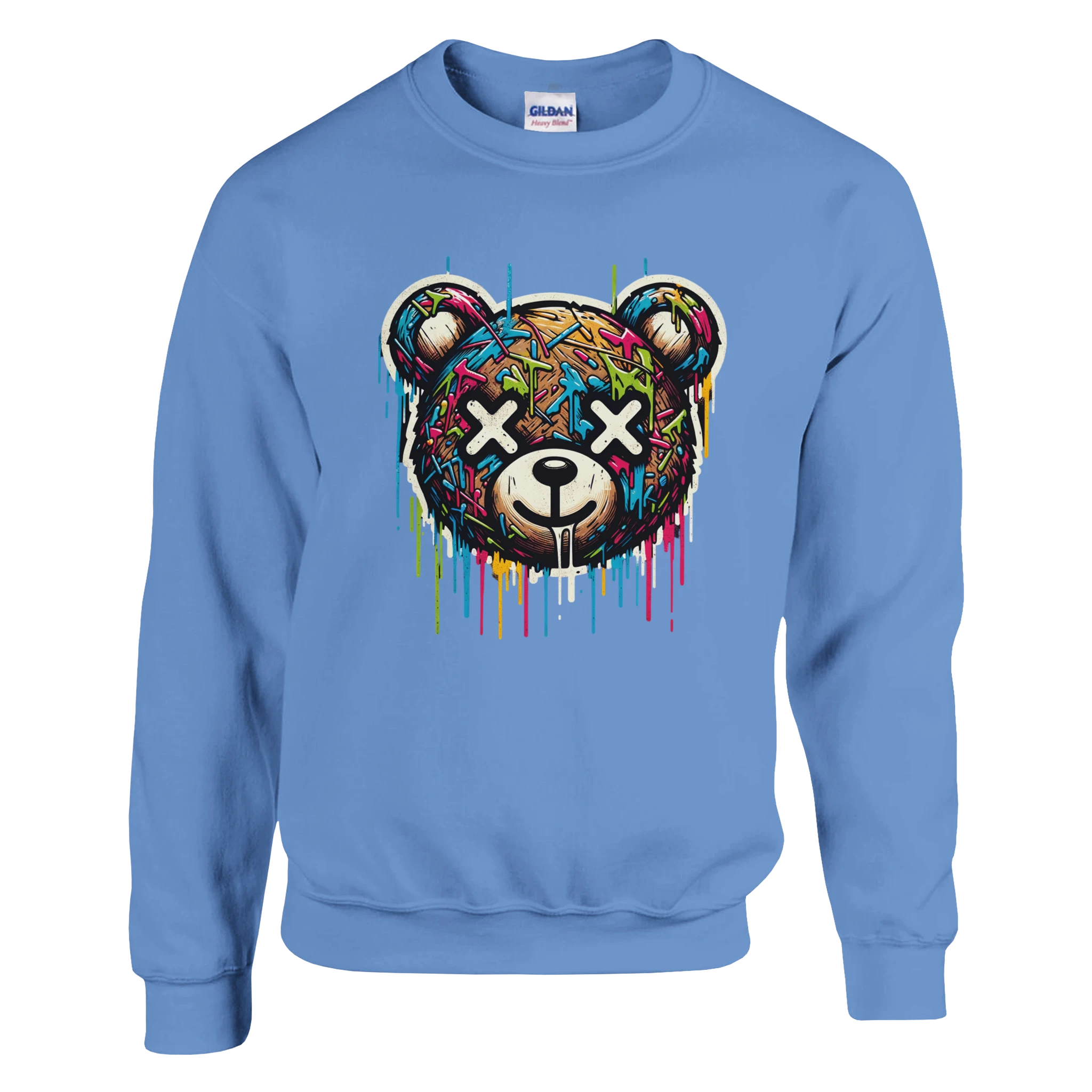 Blue Teddy Bear Graphic Sweatshirt with a colorful dripped bear design; soft 50/50 cotton-poly blend, sizes S–XL.