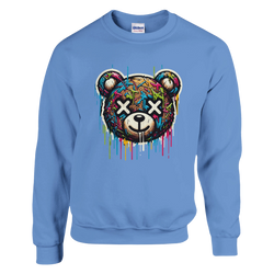 Blue Teddy Bear Graphic Sweatshirt with a colorful dripped bear design; soft 50/50 cotton-poly blend, sizes S–XL.