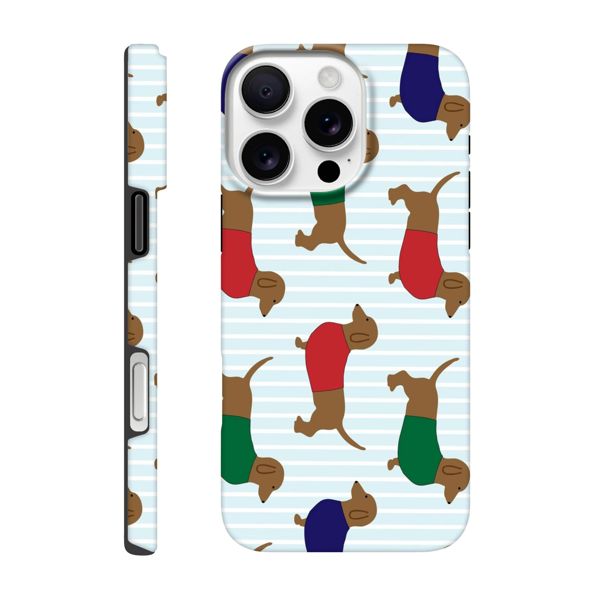 Cute dachshund iPhone case with sausage dogs in red, green, and blue sweaters on a striped light blue background.
