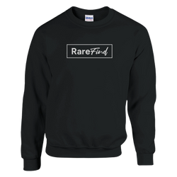 Black women's sweatshirt with white RareFind logo inside a bordered rectangle on the chest.