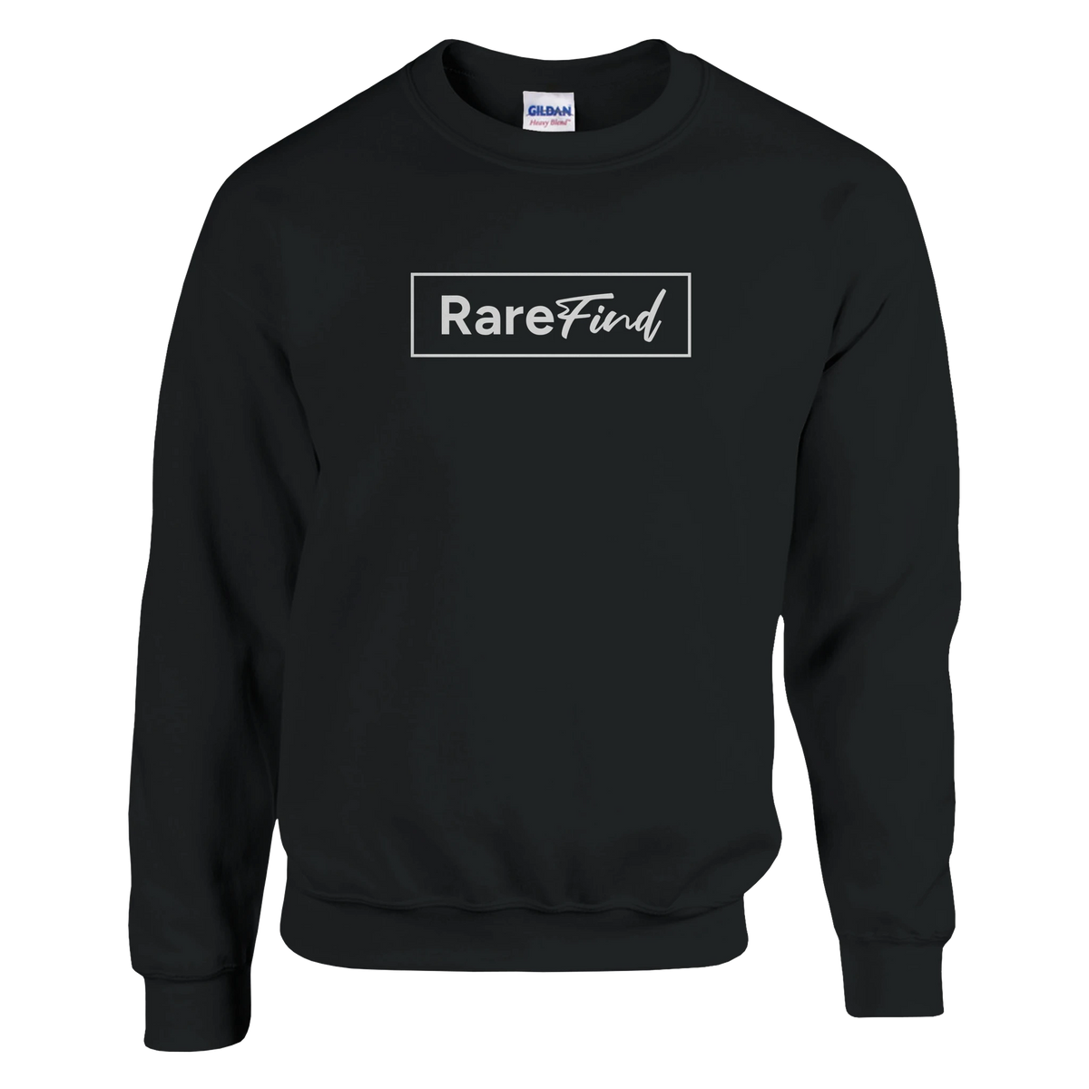 Black women's sweatshirt with white RareFind logo inside a bordered rectangle on the chest.
