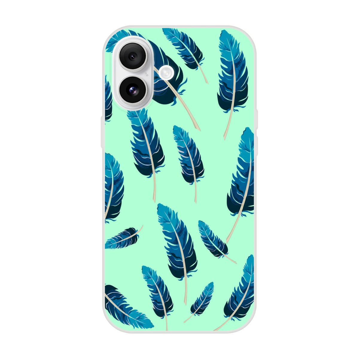 Mint green aesthetic iPhone case with blue feather motif and matte finish for iPhone 13-16.