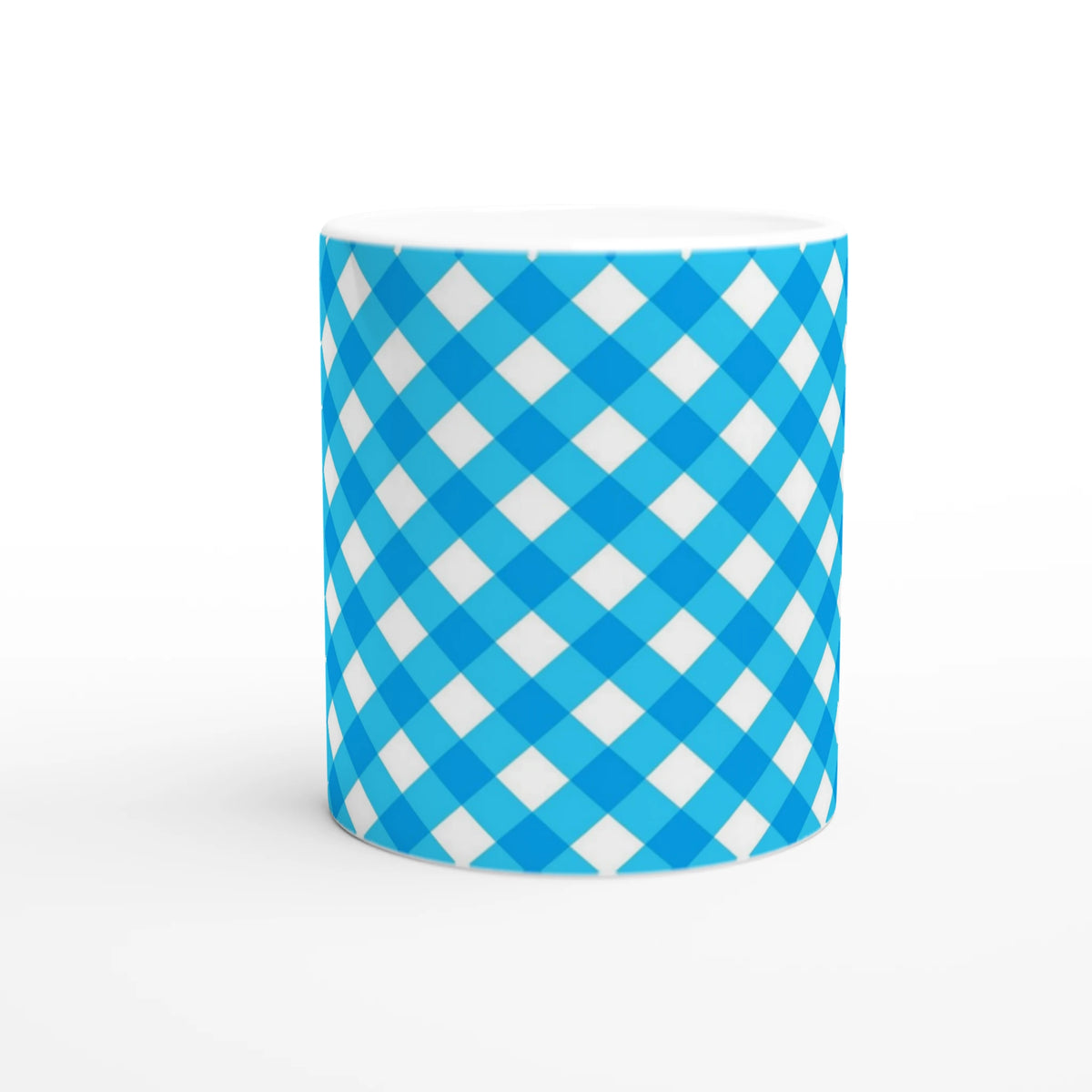Blue gingham ceramic mug with white diamond checkered pattern on a white background.