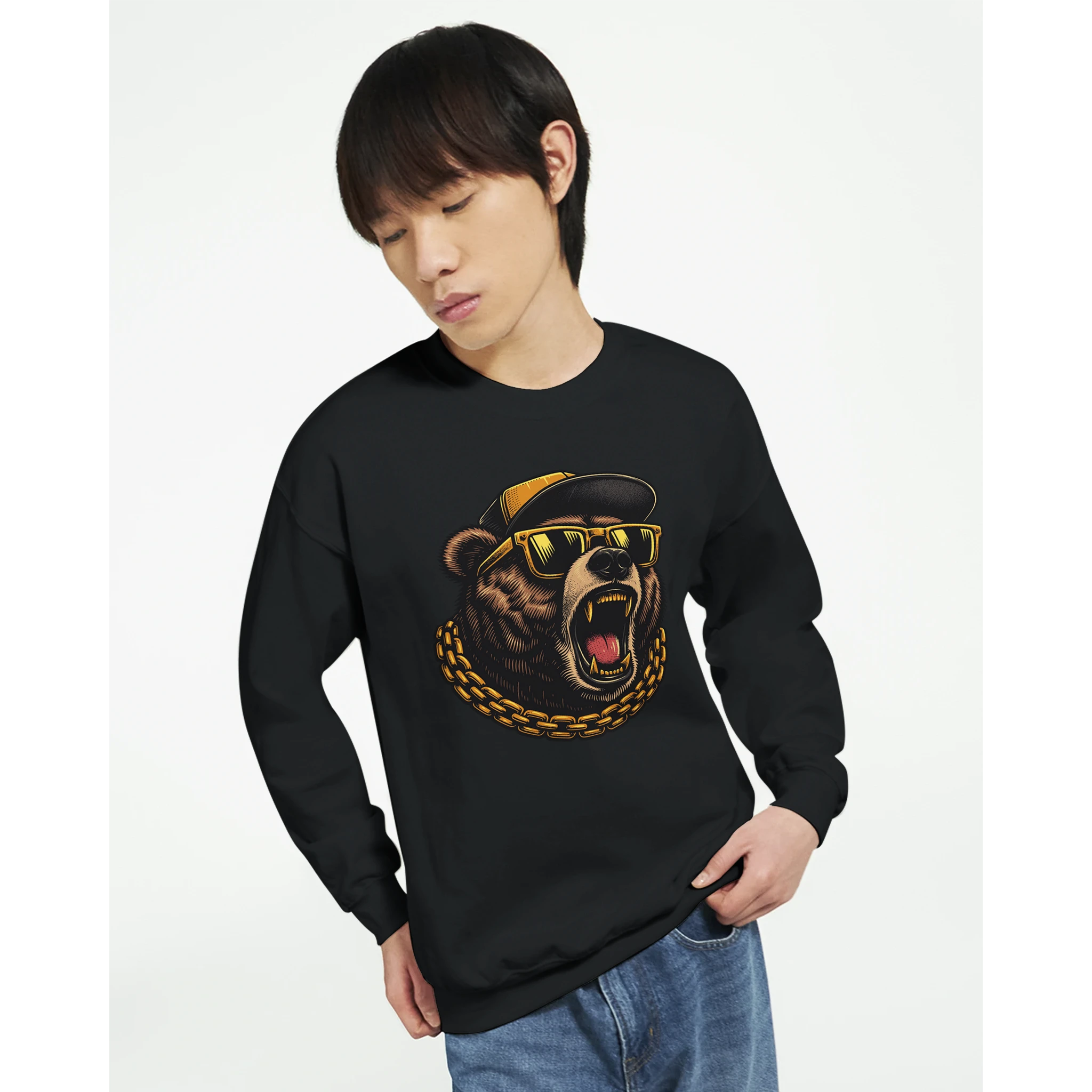 Black Grizzly Bear men's graphic sweatshirt in soft cotton blend with roaring bear wearing sunglasses and a gold chain.