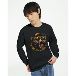 Black Grizzly Bear men's graphic sweatshirt in soft cotton blend with roaring bear wearing sunglasses and a gold chain.