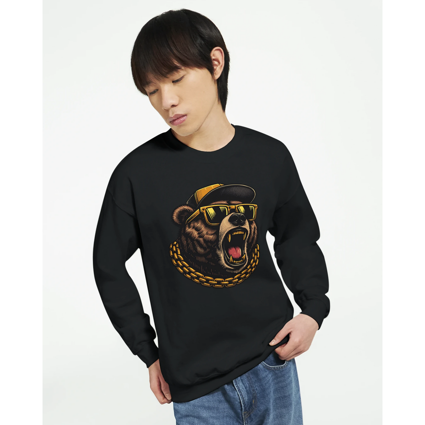 Person wearing a black men's graphic sweatshirt with a bear graphic design on a white background