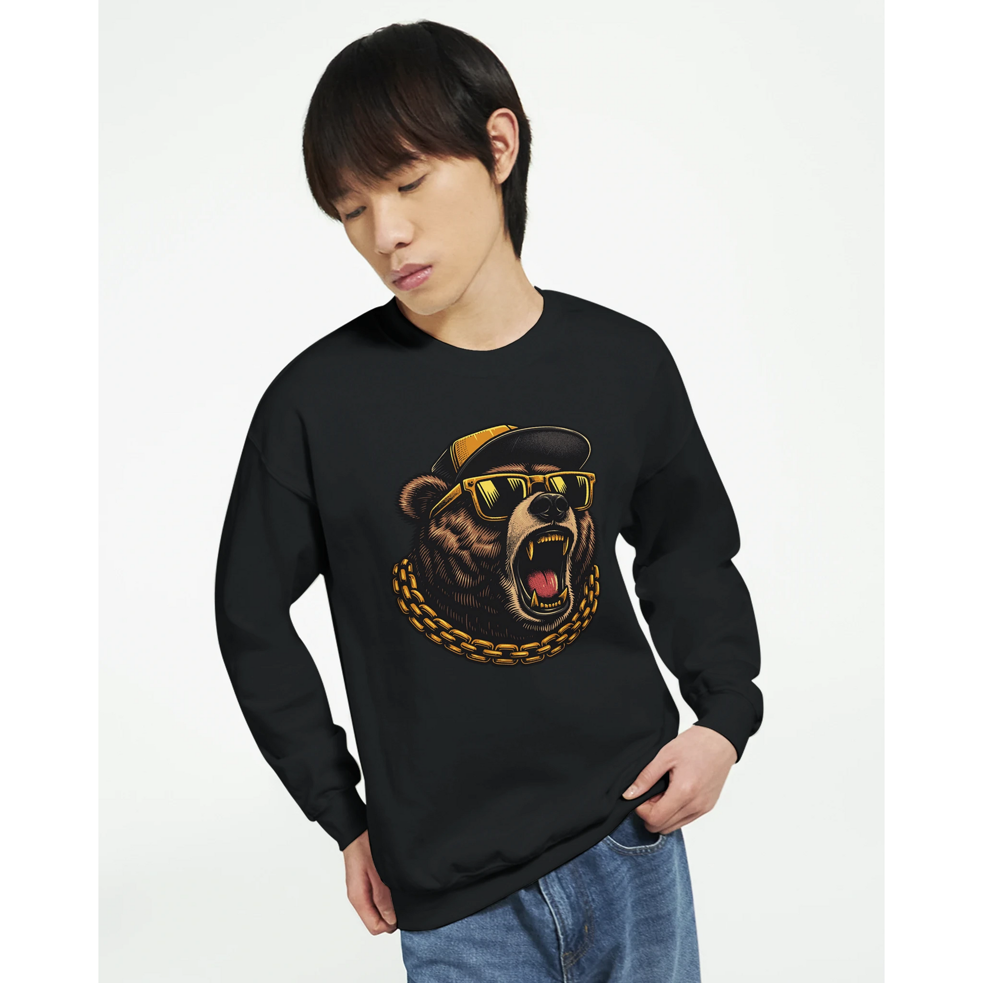 Person wearing a black men's graphic sweatshirt with a bear graphic design on a white background