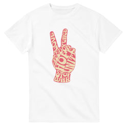 White women's cotton-blend T-shirt with a pink peace-sign hand made from word-art typography.