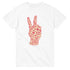 White women's cotton-blend T-shirt with a pink peace-sign hand made from word-art typography.
