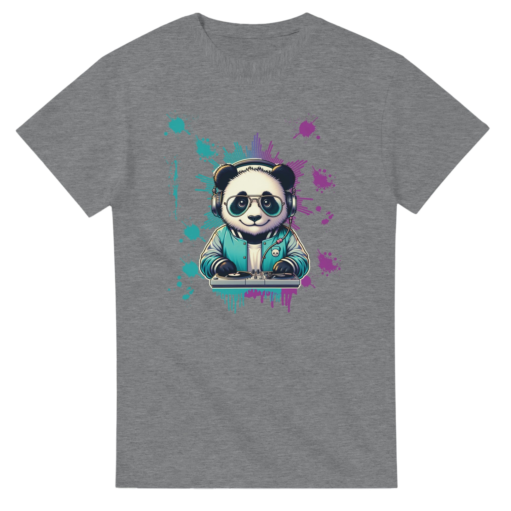 Panda DJ graphic tee: panda with headphones spins a turntable on a gray T-shirt with teal and purple paint splatters.