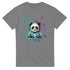 Panda DJ graphic tee: panda with headphones spins a turntable on a gray T-shirt with teal and purple paint splatters.