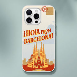 Vintage postcard-style iPhone case featuring Barcelona, Spain travel design with bold red typography.