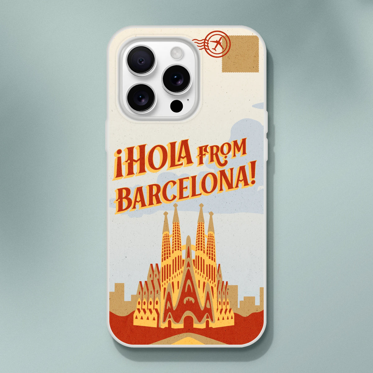 Vintage postcard-style iPhone case featuring Barcelona, Spain travel design with bold red typography.