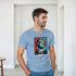 Man wearing light blue New York graphic T-shirt with Statue of Liberty retro poster design.