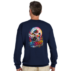 Back view of navy petrolhead sweatshirt featuring colorful tucked stance car graphic with palm trees and Urban Palm Trees text.