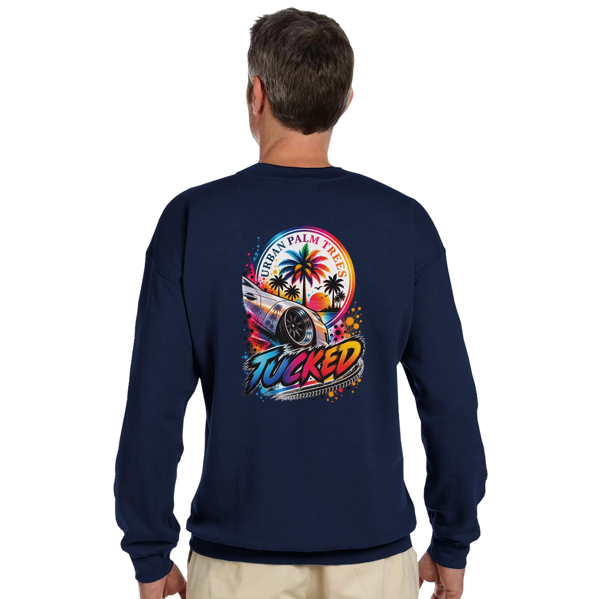 Back view of navy petrolhead sweatshirt featuring colorful tucked stance car graphic with palm trees and Urban Palm Trees text.