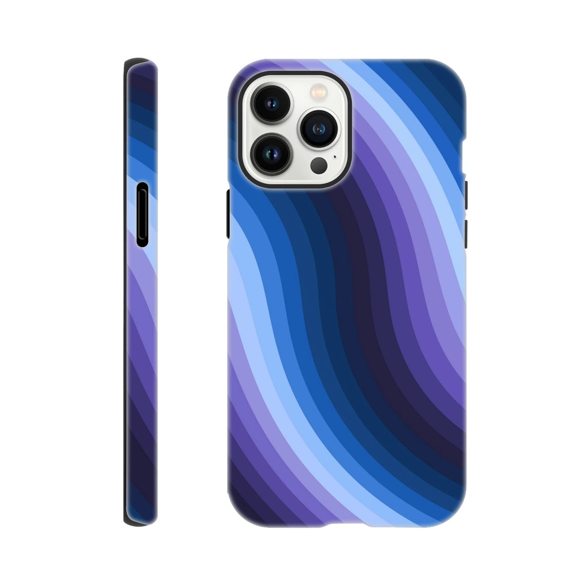Blue retro wave tough iPhone case with Y2K wavy stripes and reinforced guard rails for impact protection and wireless charging.