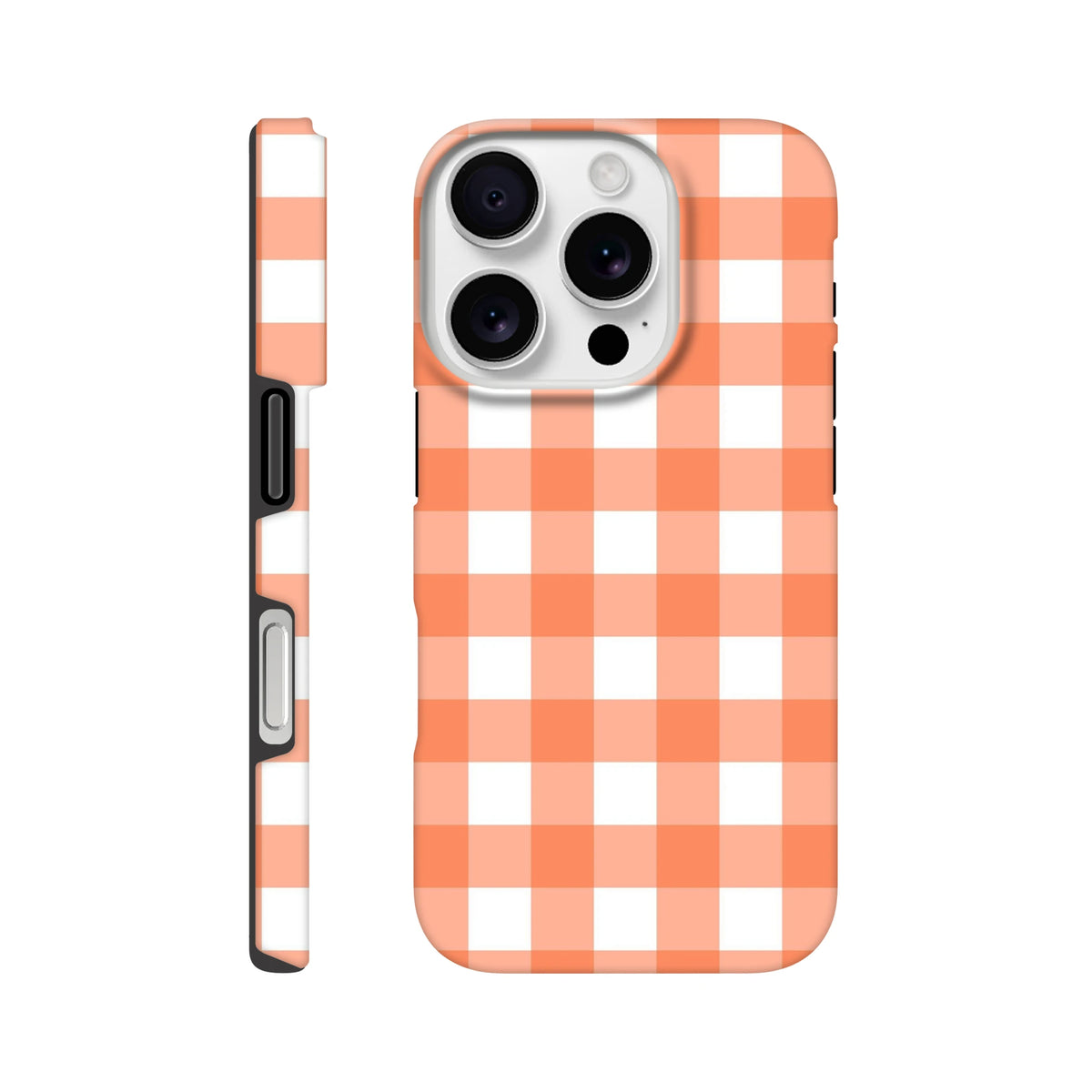 Orange gingham tough iPhone case with retro checkered pattern designed for shock absorption and daily durability on iPhone 13-16 models.