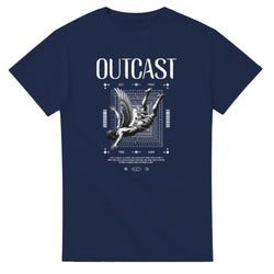 Outcast Men's Graphic T‑Shirt in navy with winged figure and geometric art; soft cotton blend, sizes S–XL.