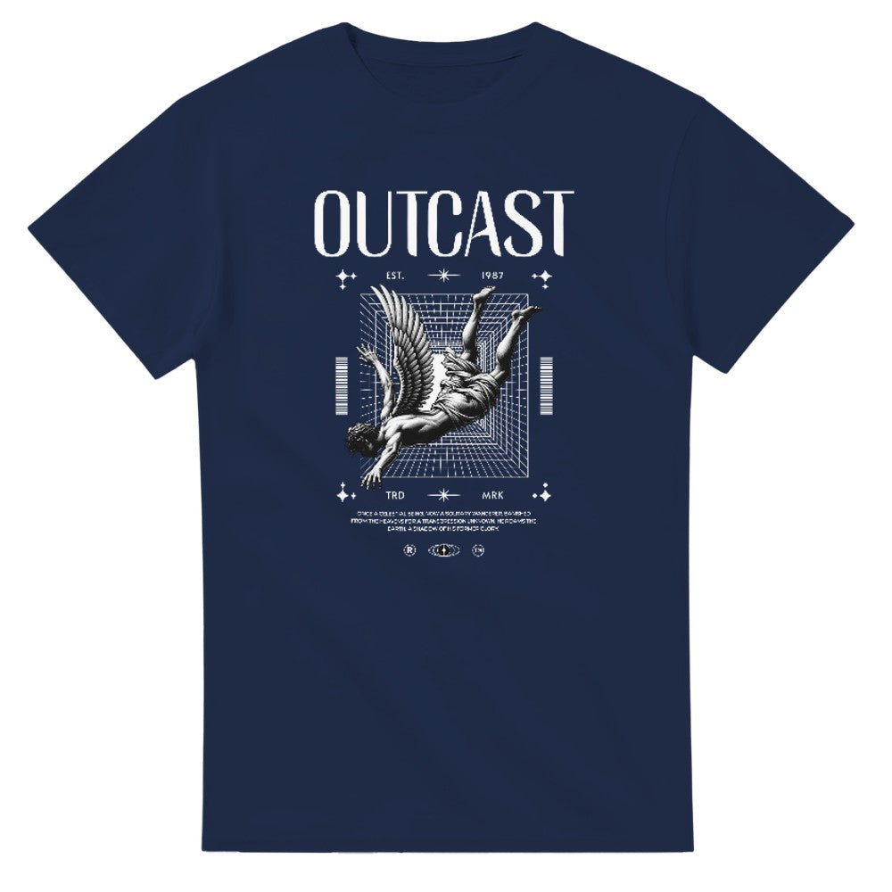 Outcast Men's Graphic T‑Shirt in navy with winged figure and geometric art; soft cotton blend, sizes S–XL.
