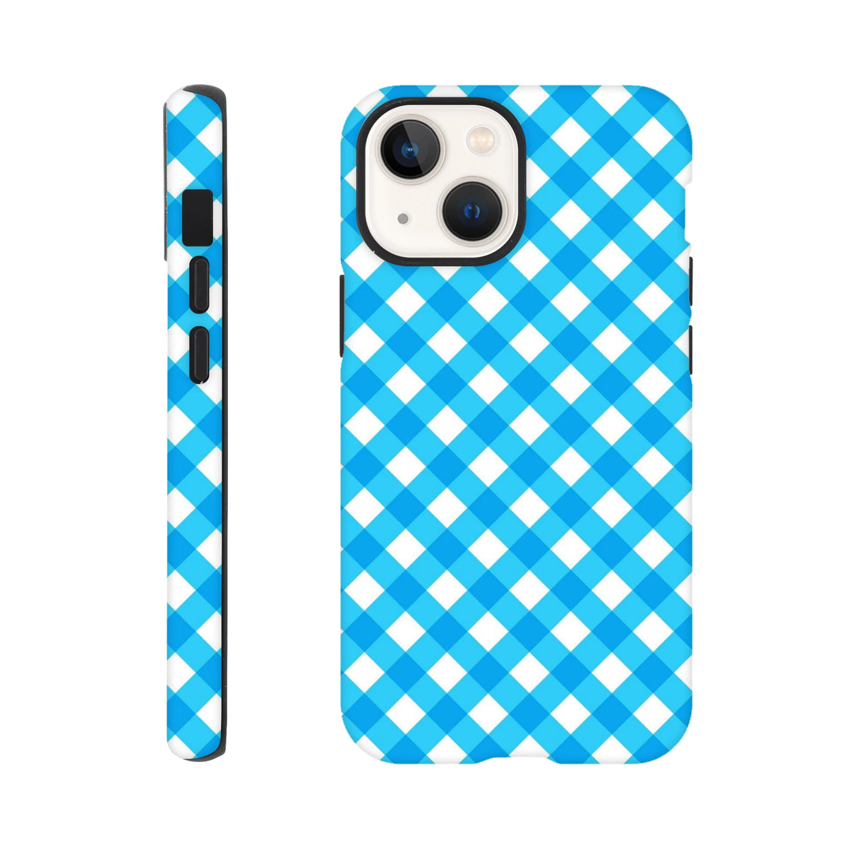 Retro blue gingham checkered iPhone case with tough shock-absorbing protection and wireless charging compatibility.