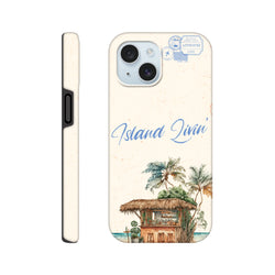 Island Beach Bar tough iPhone case for 13-16 with tropical island scene, palm trees, and thatched hut.