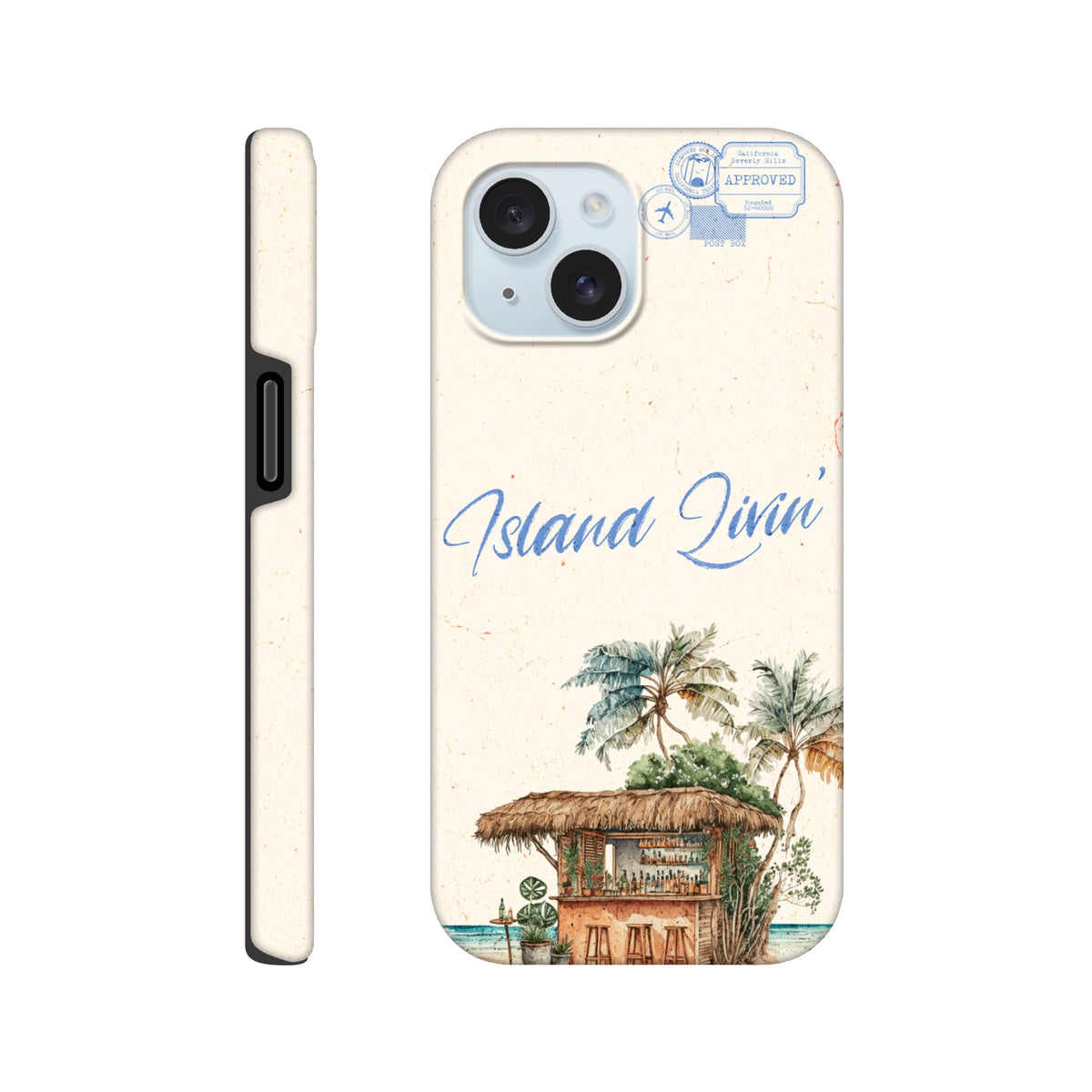 Island Beach Bar tough iPhone case for 13-16 with tropical island scene, palm trees, and thatched hut.