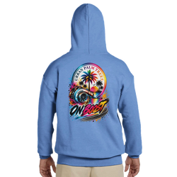 Blue men's hoodie featuring "On Boost" turbo graphic with palm trees and sunset. Petrolhead streetwear sweatshirt for car culture fashion.