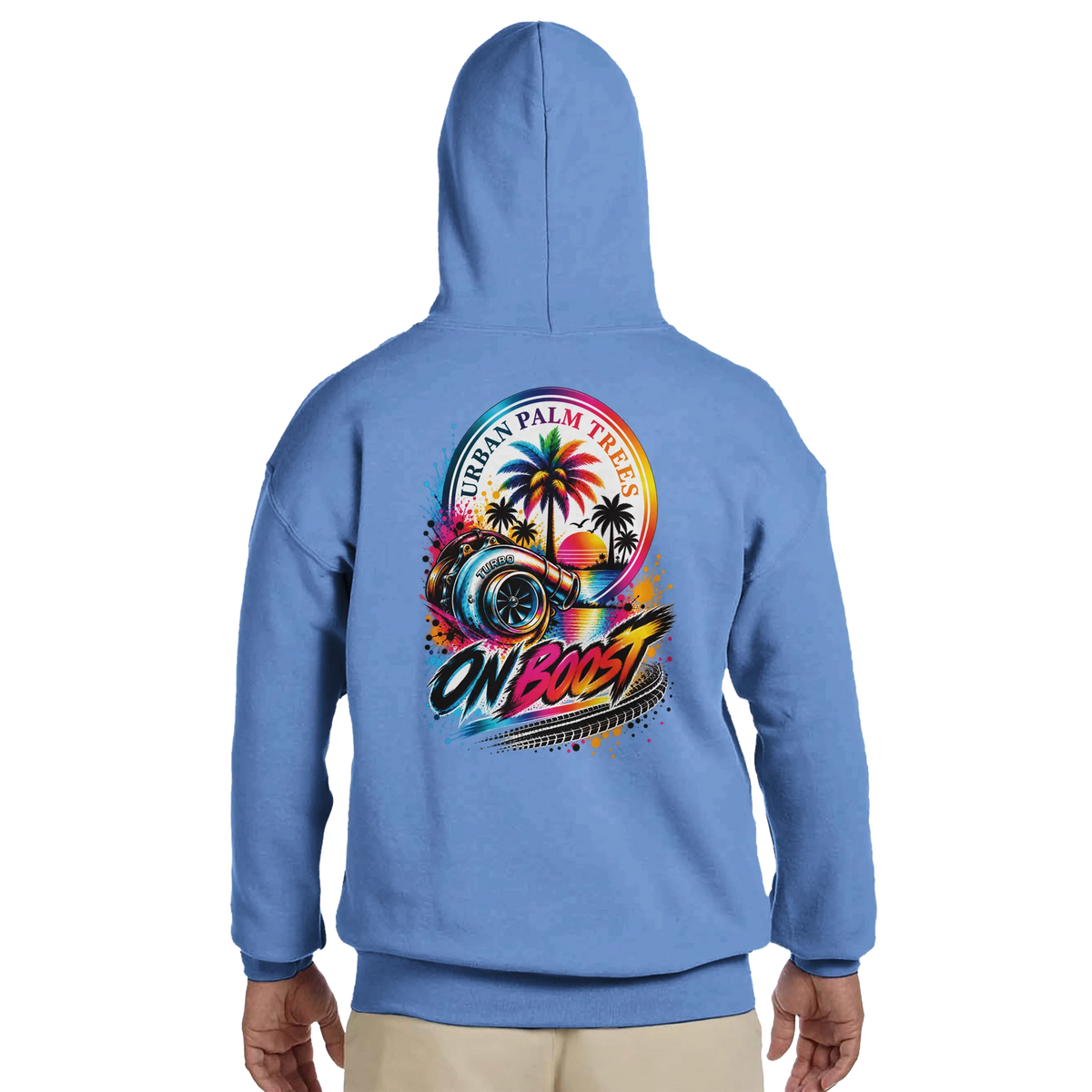 Blue men's hoodie featuring "On Boost" turbo graphic with palm trees and sunset. Petrolhead streetwear sweatshirt for car culture fashion.
