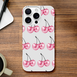 Glitter ball cherries wraparound print protective case with dual-layer durability for iPhone 16-13, glossy finish.