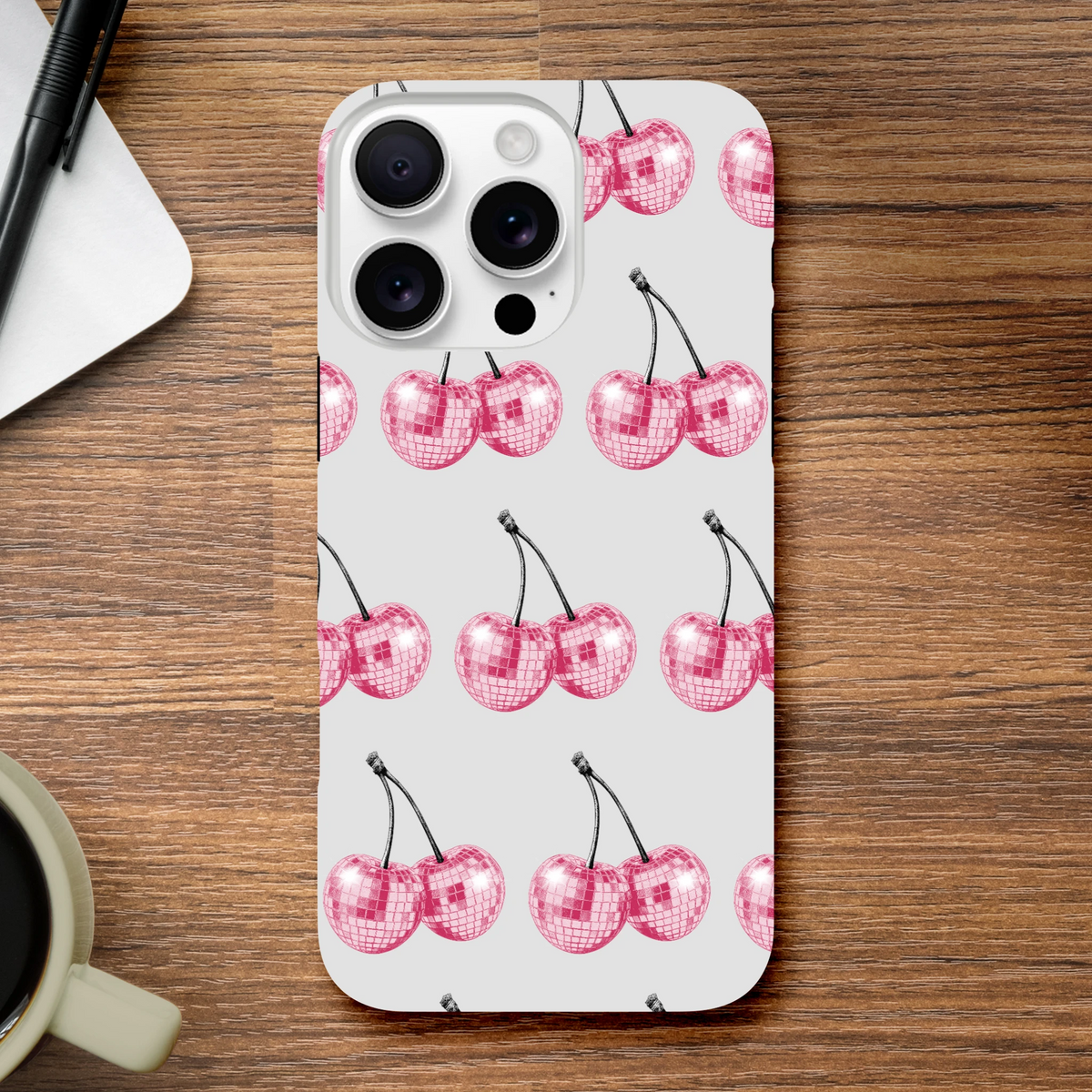 Glitter ball cherries wraparound print protective case with dual-layer durability for iPhone 16-13, glossy finish.