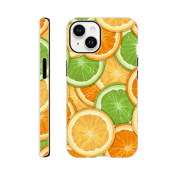 Tough iPhone case with vibrant orange and lime slice wraparound print, durable TPU protection for iPhone 13-16 models.
