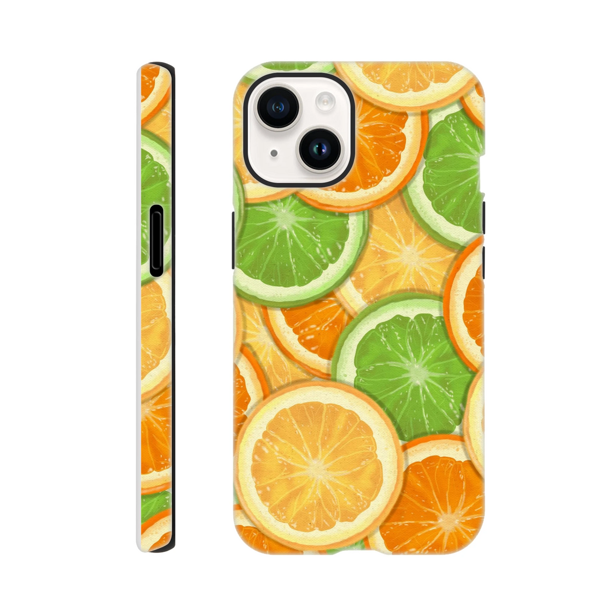 Tough iPhone case with vibrant orange and lime slice wraparound print, durable TPU protection for iPhone 13-16 models.