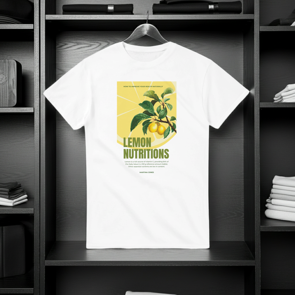 White t-shirt with lemon nutrition graphic on a hanger against a dark shelving unit.