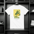 White t-shirt with lemon nutrition graphic on a hanger against a dark shelving unit.
