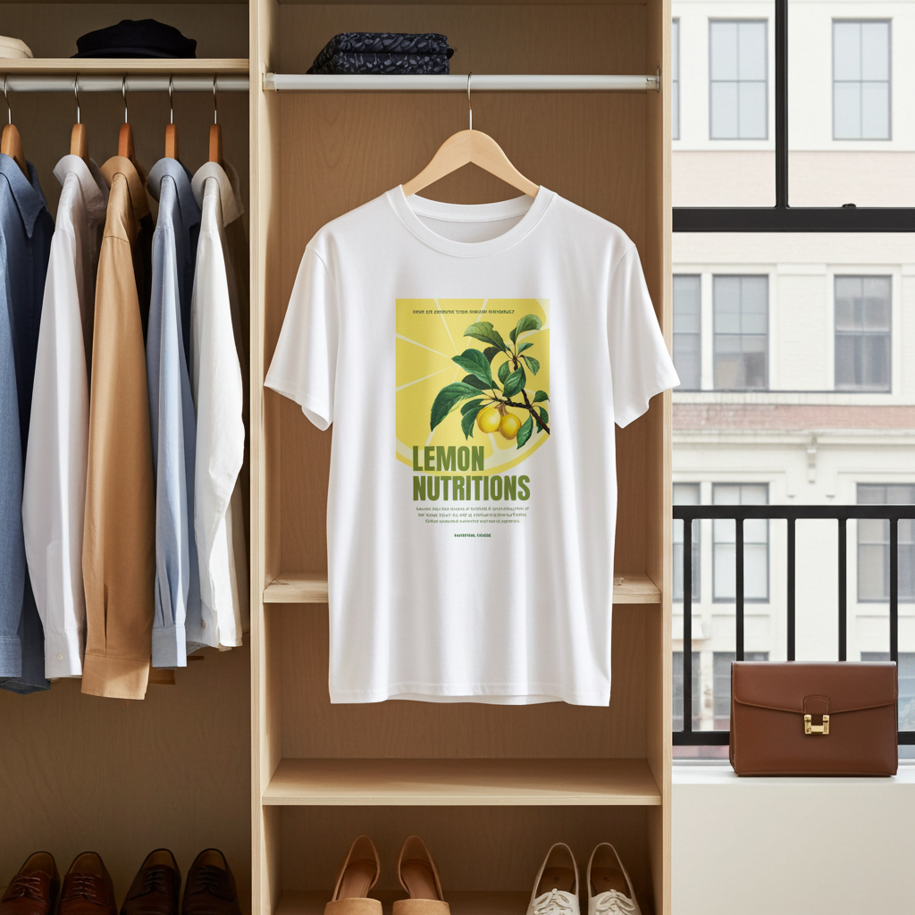 White t-shirt with lemon graphic and text on a wooden rack with clothes and shoes.