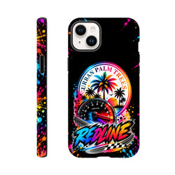 Redline iPhone case with Urban Palm Trees speedometer design, colorful paint splatters, and modified car culture wraparound print.