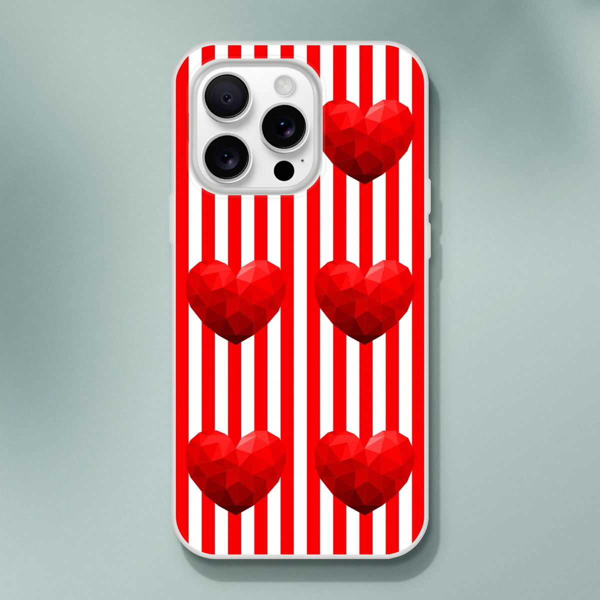 Red stripe heart iPhone case for 13-16 with vertical red stripes and geometric hearts design.